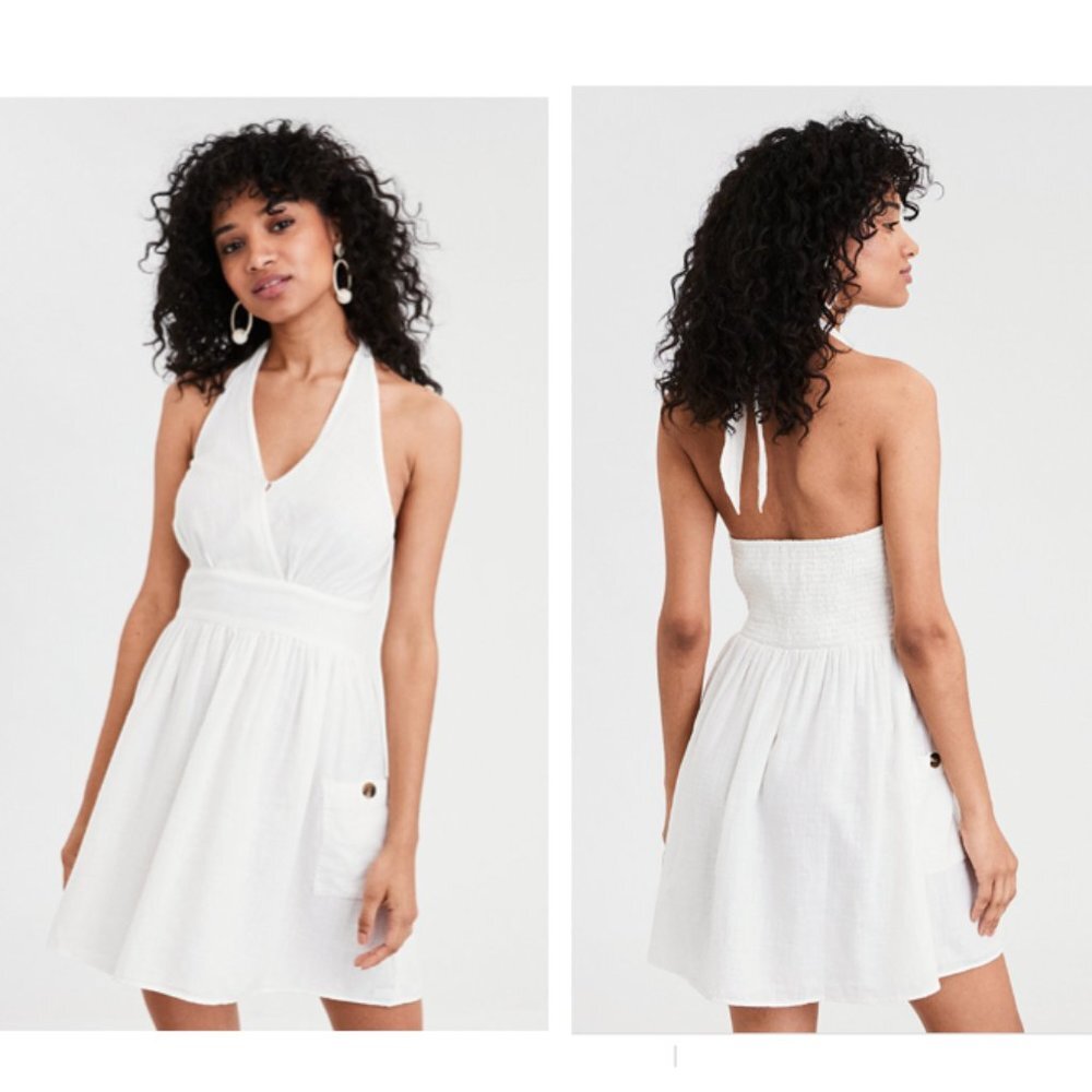 - NWOT-AE White Halter Linen Mini Dress Size XS